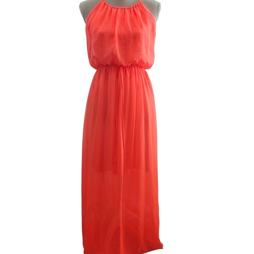 Sweet Storm Coral Pink Chiffon Halter MaxiDress Womens Large VTU190114RS B.Coral